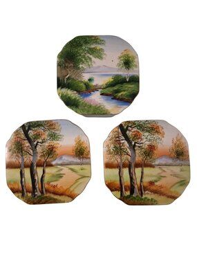 Set Of 3 Kasuga Ware Hand Painted Octagonal Porcelain Wall Pocket Planter Vase